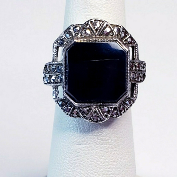 Vintage Art Deco Style Black Onyx & Marcasite Cocktail Ring Sz4 - Picture 1 of 7